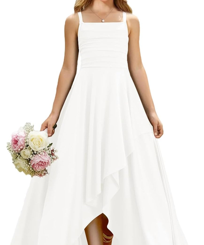 Augday Satin Junior Bridesmaid Dress with Adjustable Straps A-Line Flower Girl Formal Gown UJR150