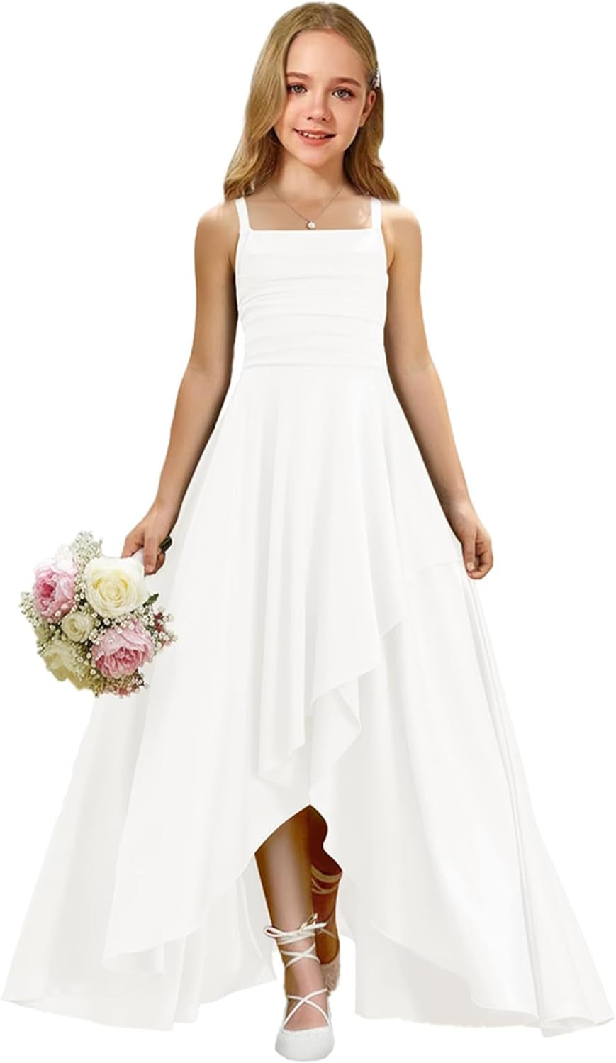 Augday Satin Junior Bridesmaid Dress with Adjustable Straps A-Line Flower Girl Formal Gown UJR150