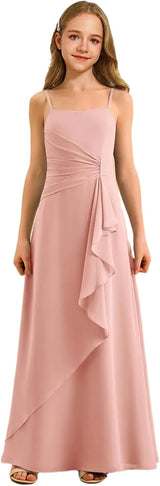 Augday Spaghetti Straps Chiffon Junior Bridesmaid Dress Ruffles A-Line Flower Girl Formal Gown