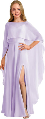 Augday Chiffon Junior Bridesmaid Dress with Cape V-Neck Chiffon A-Line Flower Girl Formal Gown