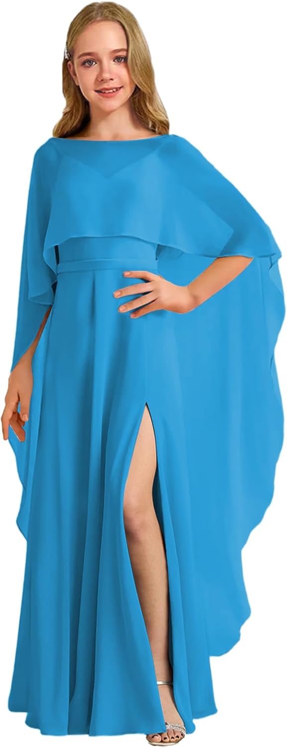 Augday Chiffon Junior Bridesmaid Dress with Cape V-Neck Chiffon A-Line Flower Girl Formal Gown UJR143