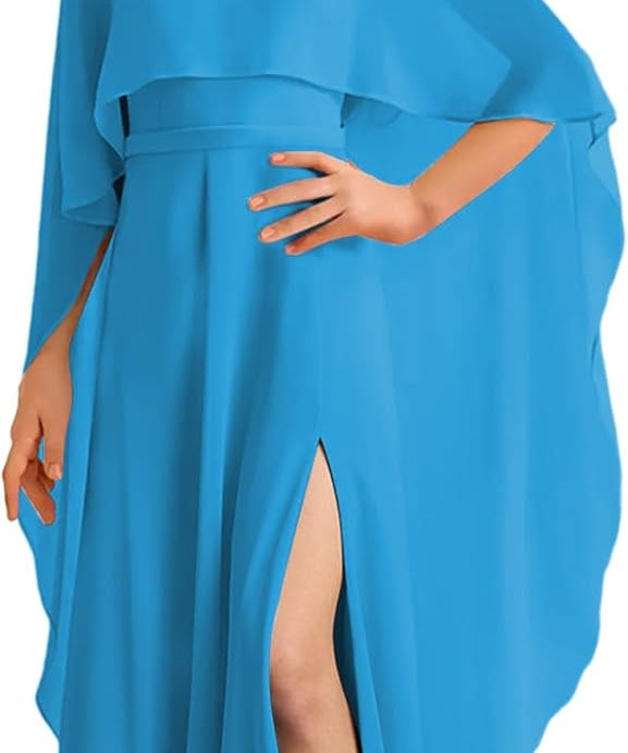 Augday Chiffon Junior Bridesmaid Dress with Cape V-Neck Chiffon A-Line Flower Girl Formal Gown UJR143