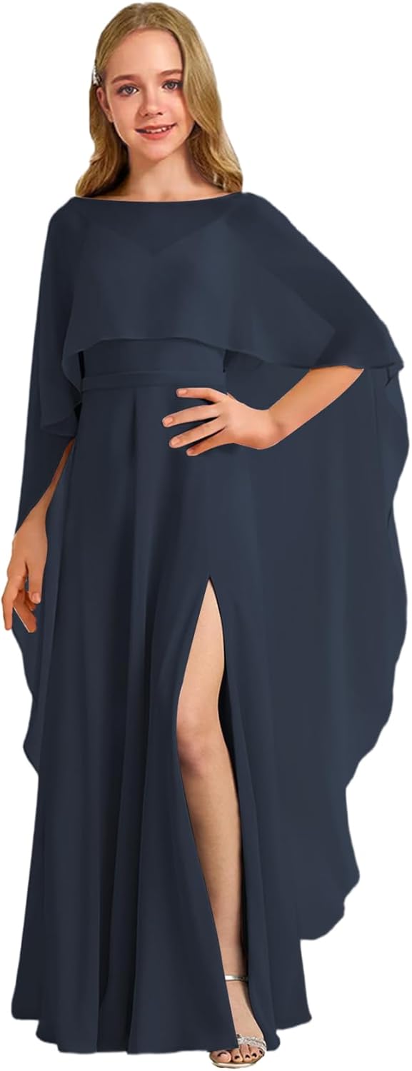 Augday Chiffon Junior Bridesmaid Dress with Cape V-Neck Chiffon A-Line Flower Girl Formal Gown UJR143