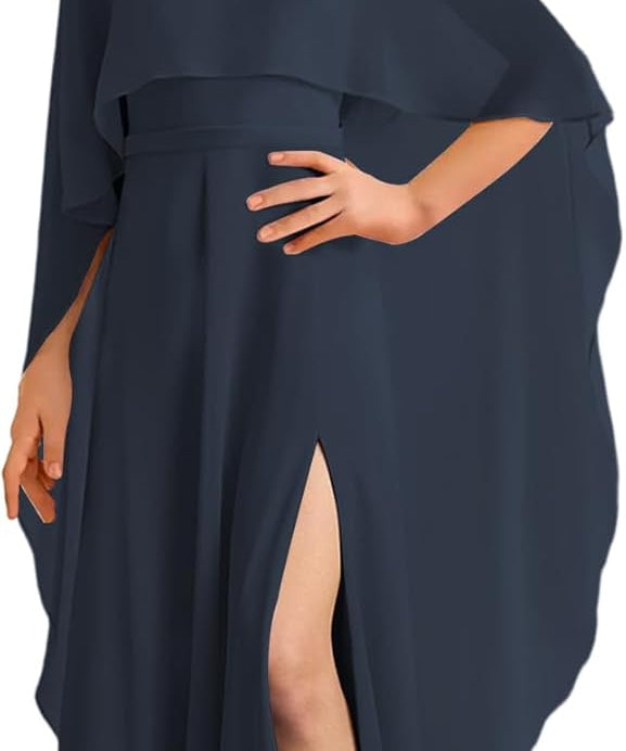 Augday Chiffon Junior Bridesmaid Dress with Cape V-Neck Chiffon A-Line Flower Girl Formal Gown UJR143