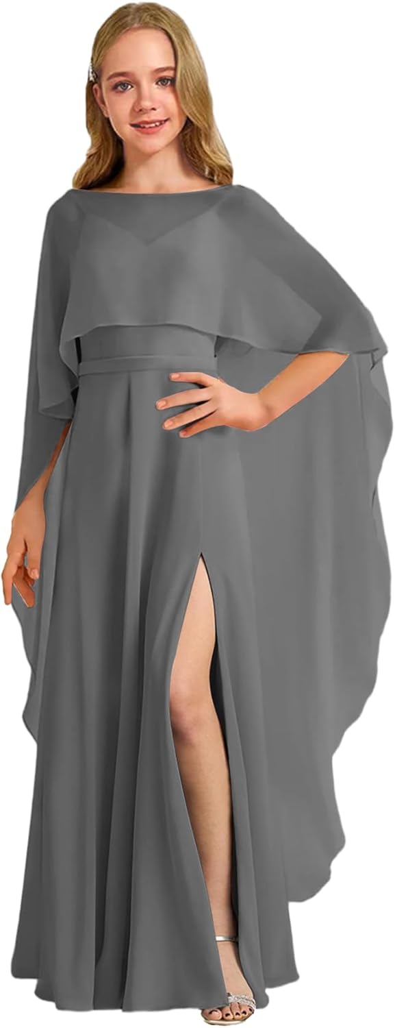 Augday Chiffon Junior Bridesmaid Dress with Cape V-Neck Chiffon A-Line Flower Girl Formal Gown UJR143
