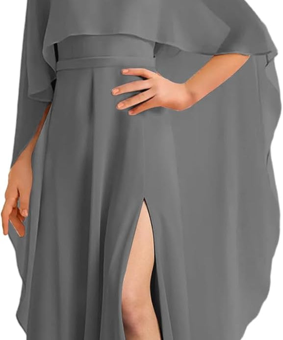 Augday Chiffon Junior Bridesmaid Dress with Cape V-Neck Chiffon A-Line Flower Girl Formal Gown UJR143