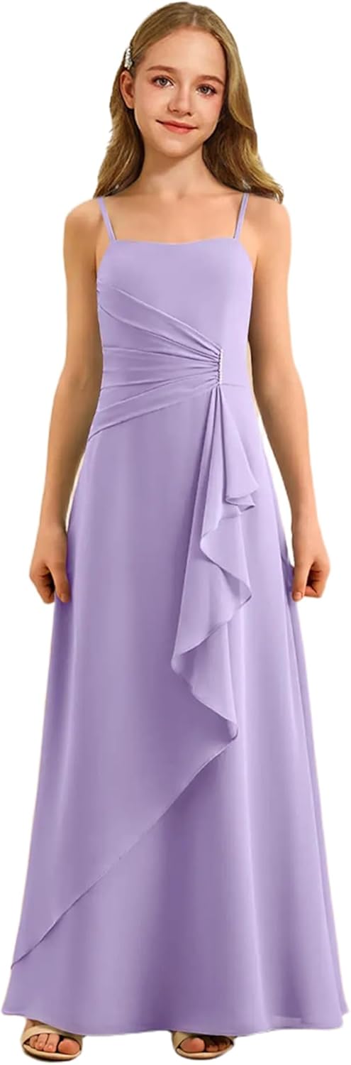 Augday Spaghetti Straps Chiffon Junior Bridesmaid Dress Ruffles A-Line Flower Girl Formal Gown UJR152
