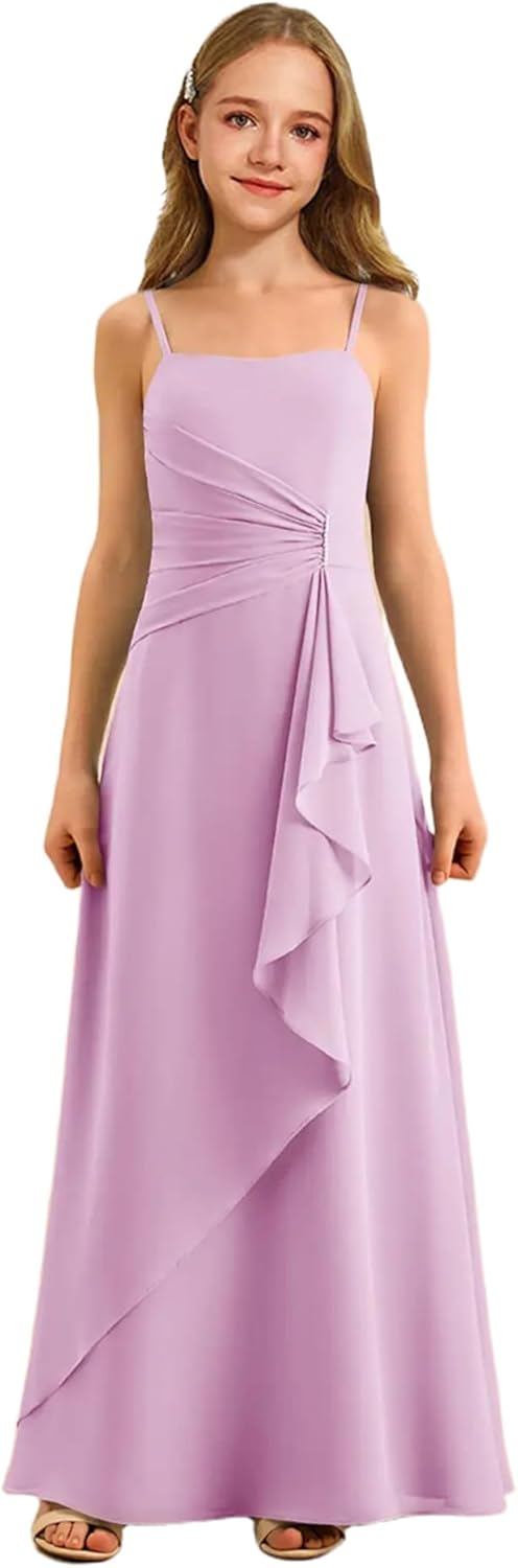 Augday Spaghetti Straps Chiffon Junior Bridesmaid Dress Ruffles A-Line Flower Girl Formal Gown UJR152