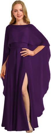 Augday Chiffon Junior Bridesmaid Dress with Cape V-Neck Chiffon A-Line Flower Girl Formal Gown UJR143