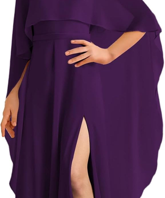 Augday Chiffon Junior Bridesmaid Dress with Cape V-Neck Chiffon A-Line Flower Girl Formal Gown UJR143