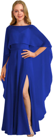 Augday Chiffon Junior Bridesmaid Dress with Cape V-Neck Chiffon A-Line Flower Girl Formal Gown UJR143
