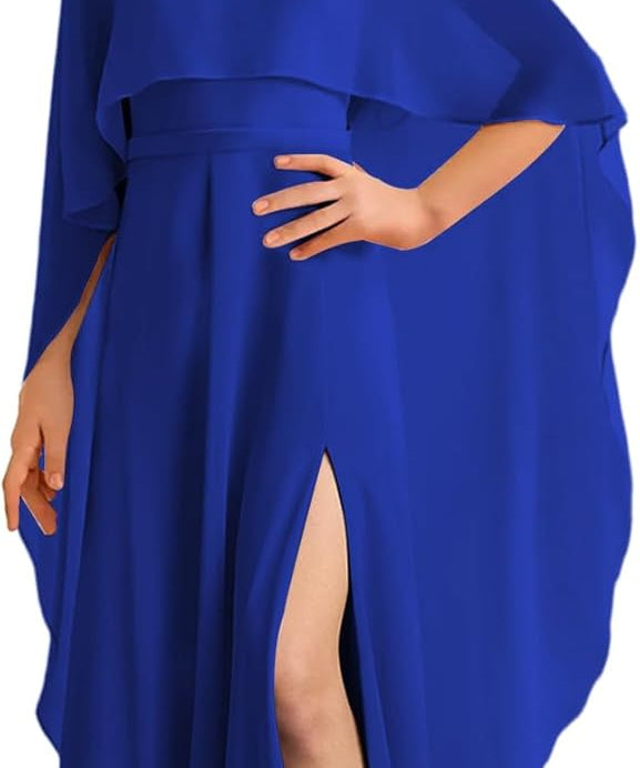 Augday Chiffon Junior Bridesmaid Dress with Cape V-Neck Chiffon A-Line Flower Girl Formal Gown UJR143