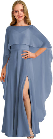 Augday Chiffon Junior Bridesmaid Dress with Cape V-Neck Chiffon A-Line Flower Girl Formal Gown UJR143