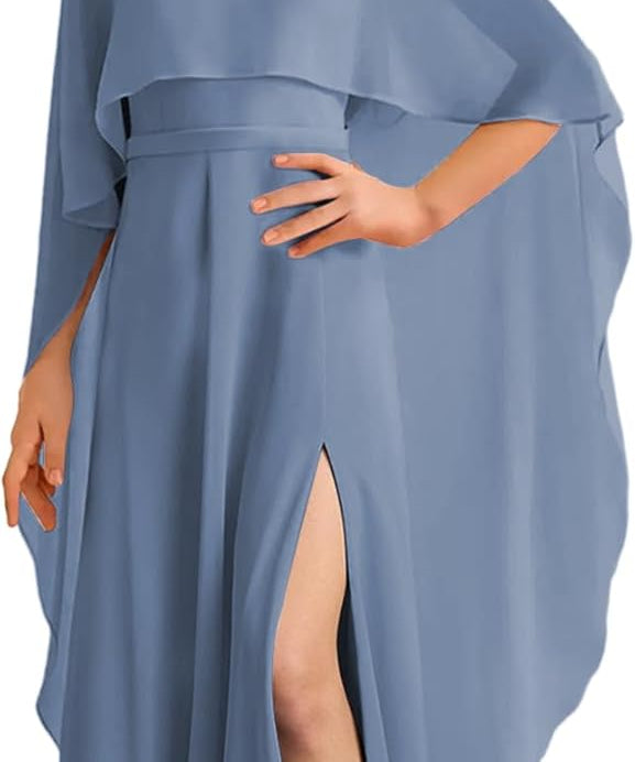 Augday Chiffon Junior Bridesmaid Dress with Cape V-Neck Chiffon A-Line Flower Girl Formal Gown UJR143