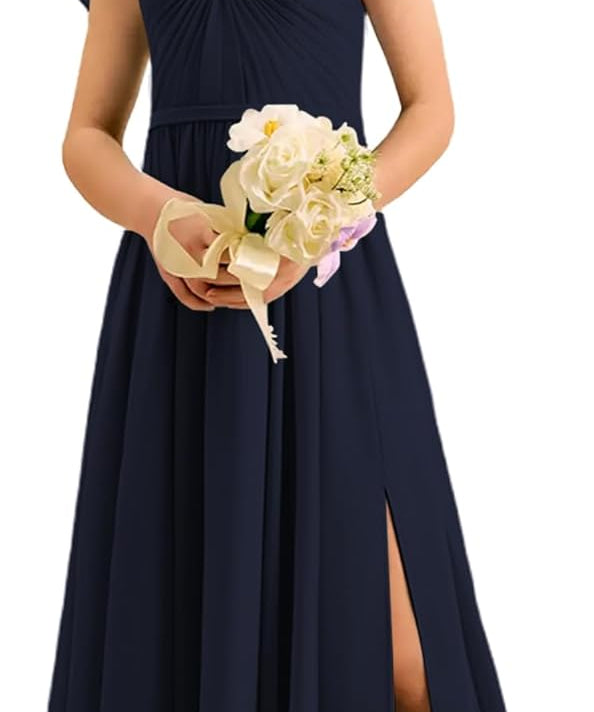 Augday Chiffon Junior Bridesmaid Dress Pleated V-Neck Cap Sleeves A-Line Flower Girl Formal Gown UJR151