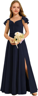 Augday Chiffon Junior Bridesmaid Dress Pleated V-Neck Cap Sleeves A-Line Flower Girl Formal Gown