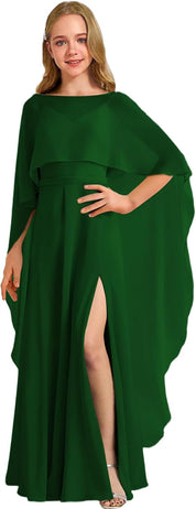 Augday Chiffon Junior Bridesmaid Dress with Cape V-Neck Chiffon A-Line Flower Girl Formal Gown UJR143