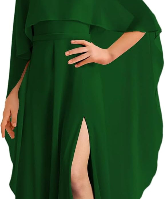 Augday Chiffon Junior Bridesmaid Dress with Cape V-Neck Chiffon A-Line Flower Girl Formal Gown UJR143