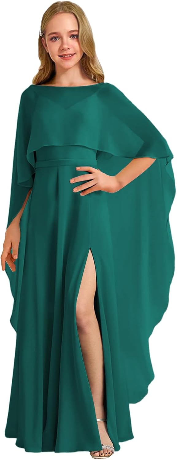 Augday Chiffon Junior Bridesmaid Dress with Cape V-Neck Chiffon A-Line Flower Girl Formal Gown UJR143