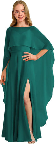 Augday Chiffon Junior Bridesmaid Dress with Cape V-Neck Chiffon A-Line Flower Girl Formal Gown UJR143
