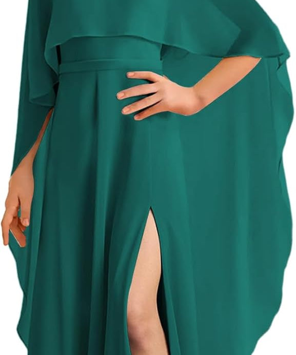 Augday Chiffon Junior Bridesmaid Dress with Cape V-Neck Chiffon A-Line Flower Girl Formal Gown UJR143