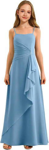 Augday Spaghetti Straps Chiffon Junior Bridesmaid Dress Ruffles A-Line Flower Girl Formal Gown