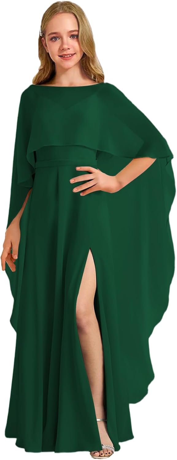 Augday Chiffon Junior Bridesmaid Dress with Cape V-Neck Chiffon A-Line Flower Girl Formal Gown UJR143