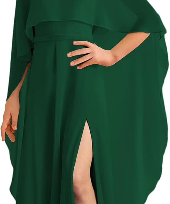 Augday Chiffon Junior Bridesmaid Dress with Cape V-Neck Chiffon A-Line Flower Girl Formal Gown UJR143