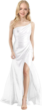 Augday Sequin Girls Prom Dress One Shoulder Junior Bridesmaid Dress with Slit Flower Girl Formal Dresses