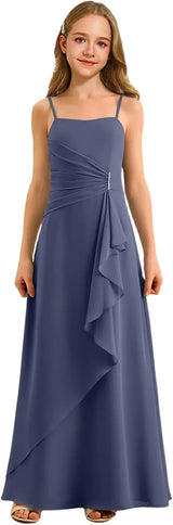 Augday Spaghetti Straps Chiffon Junior Bridesmaid Dress Ruffles A-Line Flower Girl Formal Gown