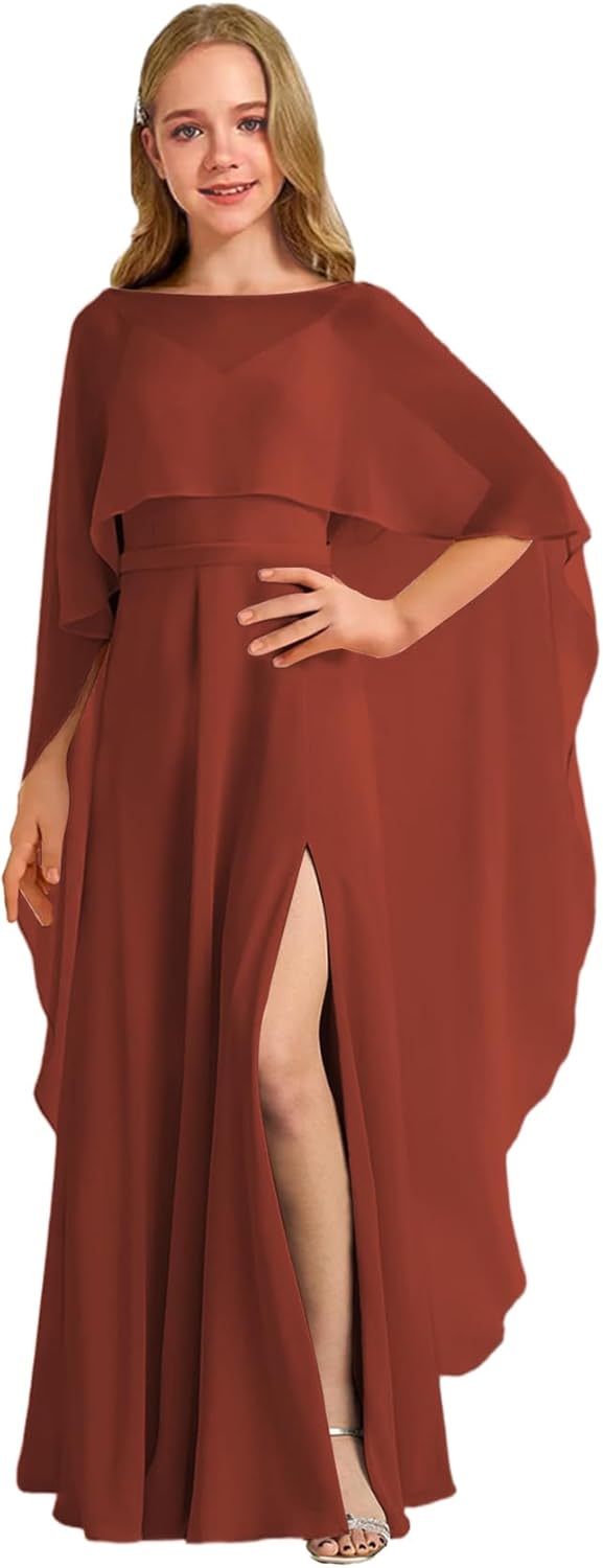 Augday Chiffon Junior Bridesmaid Dress with Cape V-Neck Chiffon A-Line Flower Girl Formal Gown UJR143