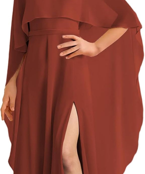 Augday Chiffon Junior Bridesmaid Dress with Cape V-Neck Chiffon A-Line Flower Girl Formal Gown UJR143