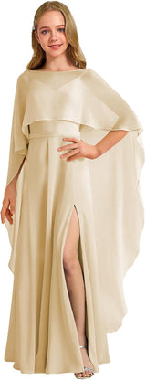 Augday Chiffon Junior Bridesmaid Dress with Cape V-Neck Chiffon A-Line Flower Girl Formal Gown