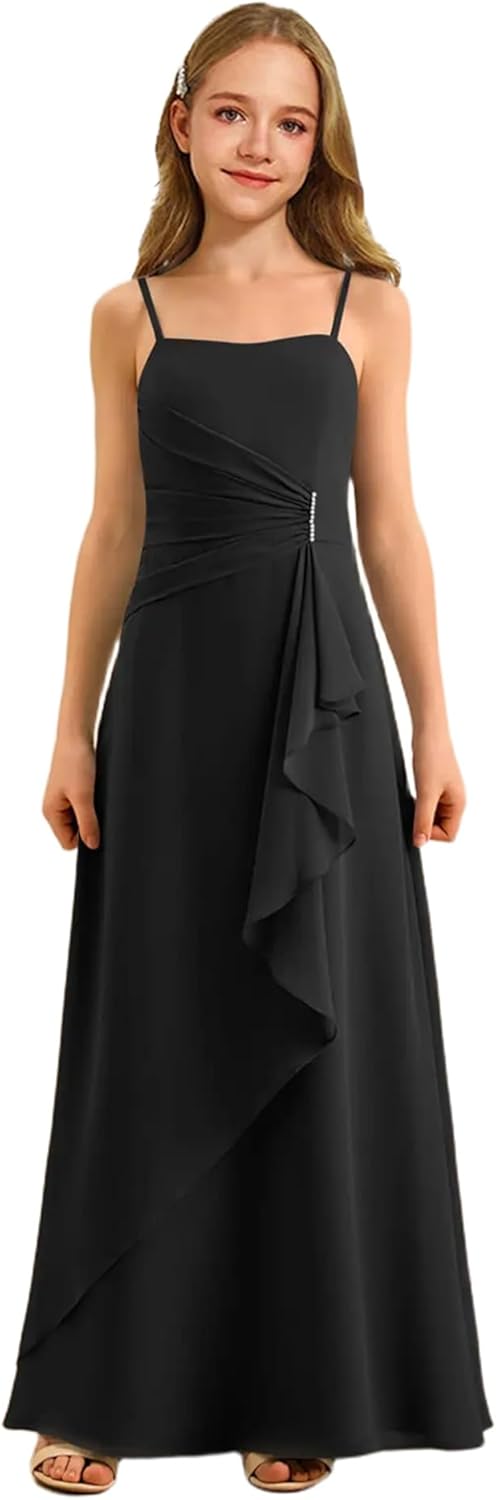 Augday Spaghetti Straps Chiffon Junior Bridesmaid Dress Ruffles A-Line Flower Girl Formal Gown UJR152
