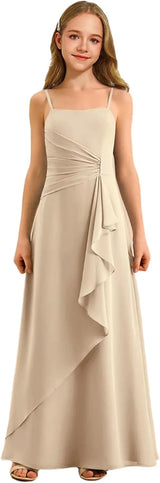Augday Spaghetti Straps Chiffon Junior Bridesmaid Dress Ruffles A-Line Flower Girl Formal Gown