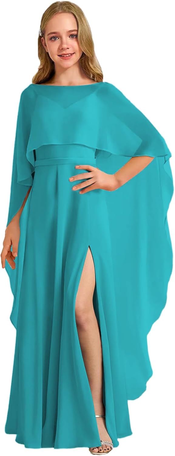 Augday Chiffon Junior Bridesmaid Dress with Cape V-Neck Chiffon A-Line Flower Girl Formal Gown UJR143