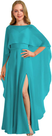 Augday Chiffon Junior Bridesmaid Dress with Cape V-Neck Chiffon A-Line Flower Girl Formal Gown UJR143