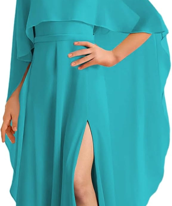 Augday Chiffon Junior Bridesmaid Dress with Cape V-Neck Chiffon A-Line Flower Girl Formal Gown UJR143