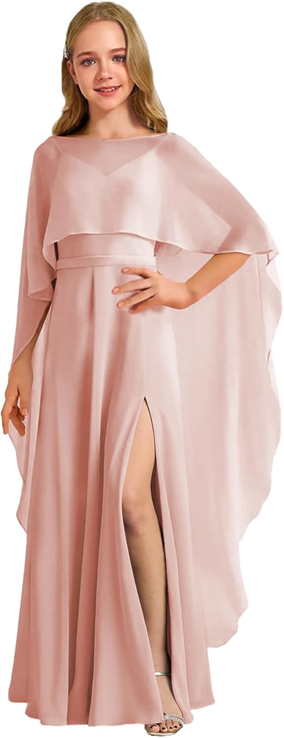 Augday Chiffon Junior Bridesmaid Dress with Cape V-Neck Chiffon A-Line Flower Girl Formal Gown UJR143