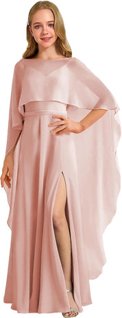 Augday Chiffon Junior Bridesmaid Dress with Cape V-Neck Chiffon A-Line Flower Girl Formal Gown UJR143