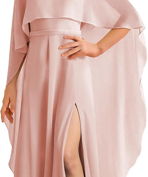 Augday Chiffon Junior Bridesmaid Dress with Cape V-Neck Chiffon A-Line Flower Girl Formal Gown UJR143