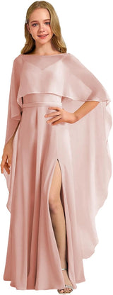 Augday Chiffon Junior Bridesmaid Dress with Cape V-Neck Chiffon A-Line Flower Girl Formal Gown