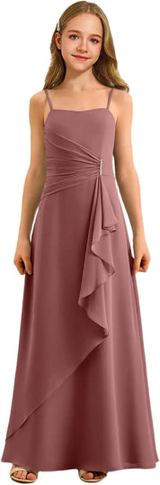Augday Spaghetti Straps Chiffon Junior Bridesmaid Dress Ruffles A-Line Flower Girl Formal Gown UJR152