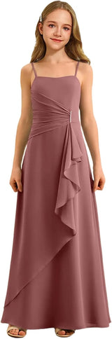 Augday Spaghetti Straps Chiffon Junior Bridesmaid Dress Ruffles A-Line Flower Girl Formal Gown