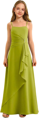 Augday Spaghetti Straps Chiffon Junior Bridesmaid Dress Ruffles A-Line Flower Girl Formal Gown