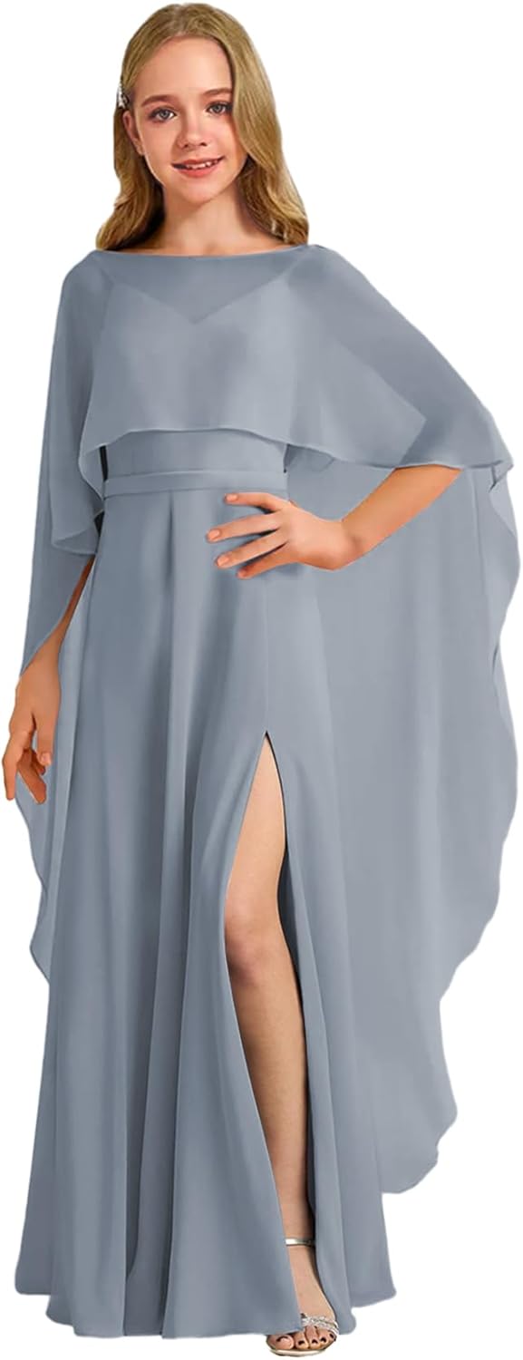 Augday Chiffon Junior Bridesmaid Dress with Cape V-Neck Chiffon A-Line Flower Girl Formal Gown UJR143