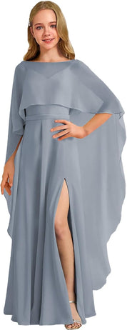 Augday Chiffon Junior Bridesmaid Dress with Cape V-Neck Chiffon A-Line Flower Girl Formal Gown UJR143