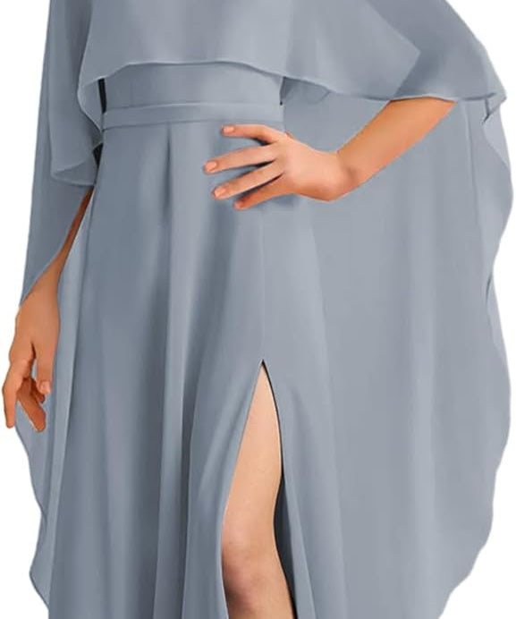 Augday Chiffon Junior Bridesmaid Dress with Cape V-Neck Chiffon A-Line Flower Girl Formal Gown UJR143