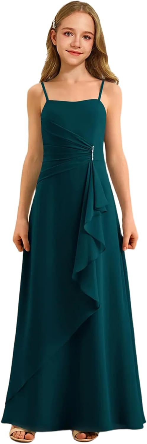 Augday Spaghetti Straps Chiffon Junior Bridesmaid Dress Ruffles A-Line Flower Girl Formal Gown UJR152