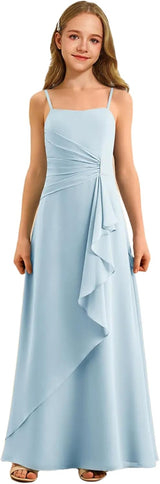 Augday Spaghetti Straps Chiffon Junior Bridesmaid Dress Ruffles A-Line Flower Girl Formal Gown